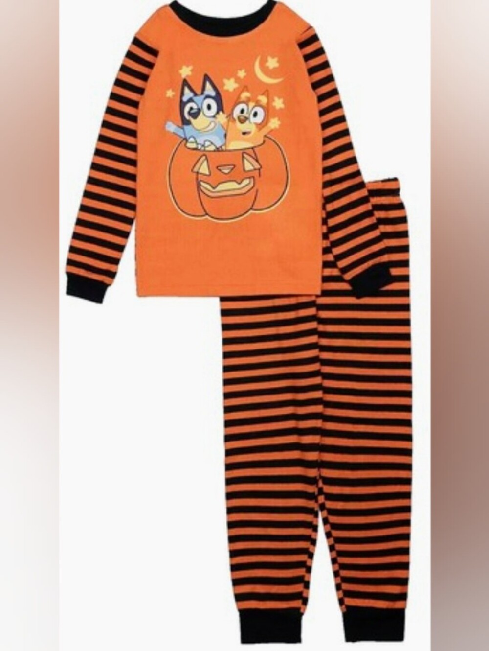 Bluey Kids Orange Black Stripes Pumpkin Pajama Set Toddler 3T Halloween Fall